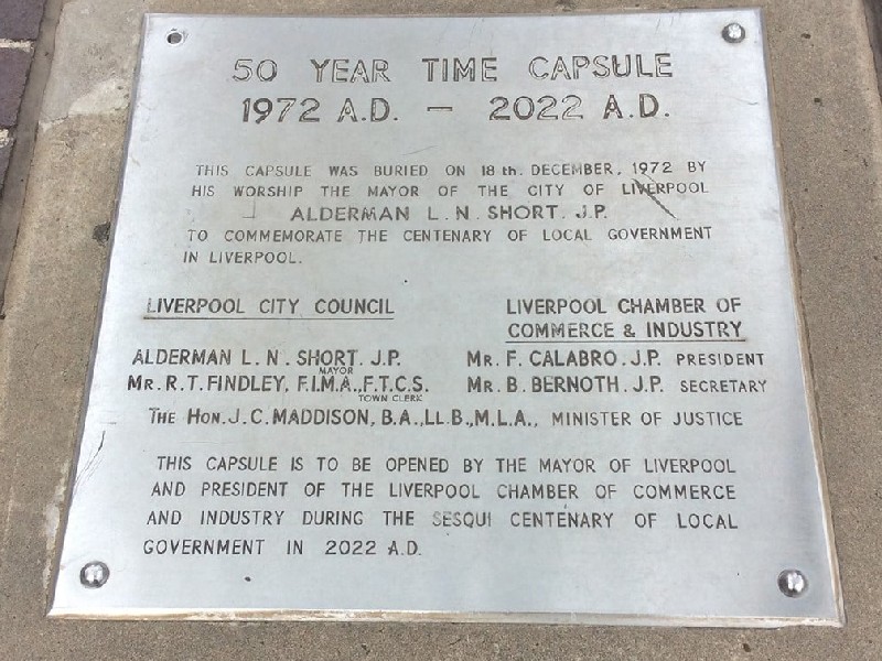 Picture of the plaque covering the 1972 time capsule due to be unearthed as part of this year’s 150th anniversary of local government in Liverpool.