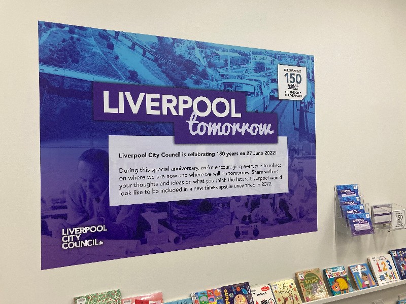 “Liverpool Tomorrow”, part of the 150th anniversary display at Liverpool City Library.